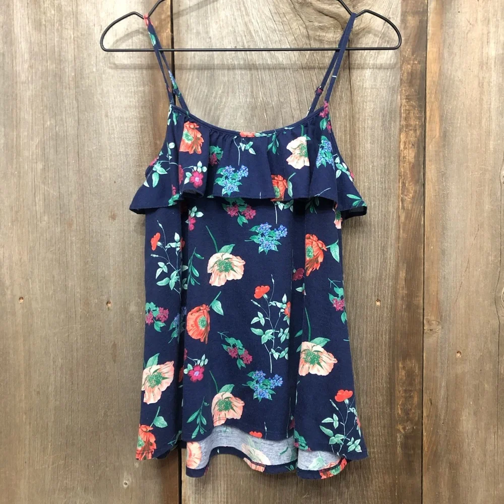 Old Navy Girls Ruffle Cami Tank Top Blue Floral size XL 14